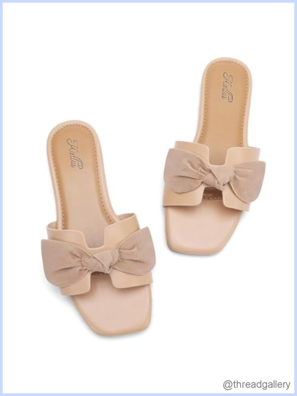Women's Bow Flat Slide Sandals Square Open Toe Slip On Faux Leather